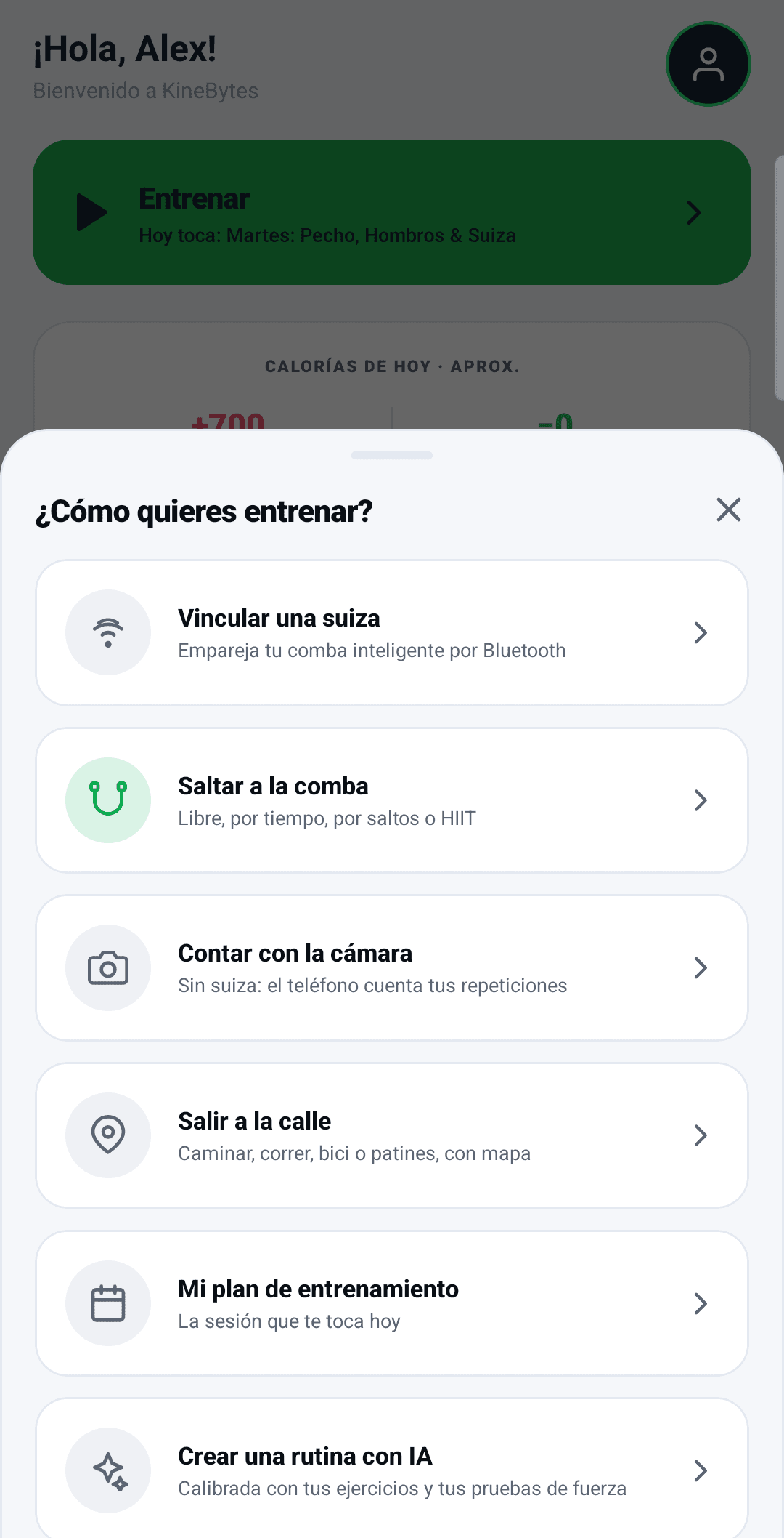 Hoja para elegir cómo entrenar: comba, cámara, ruta, plan y rutina con IA