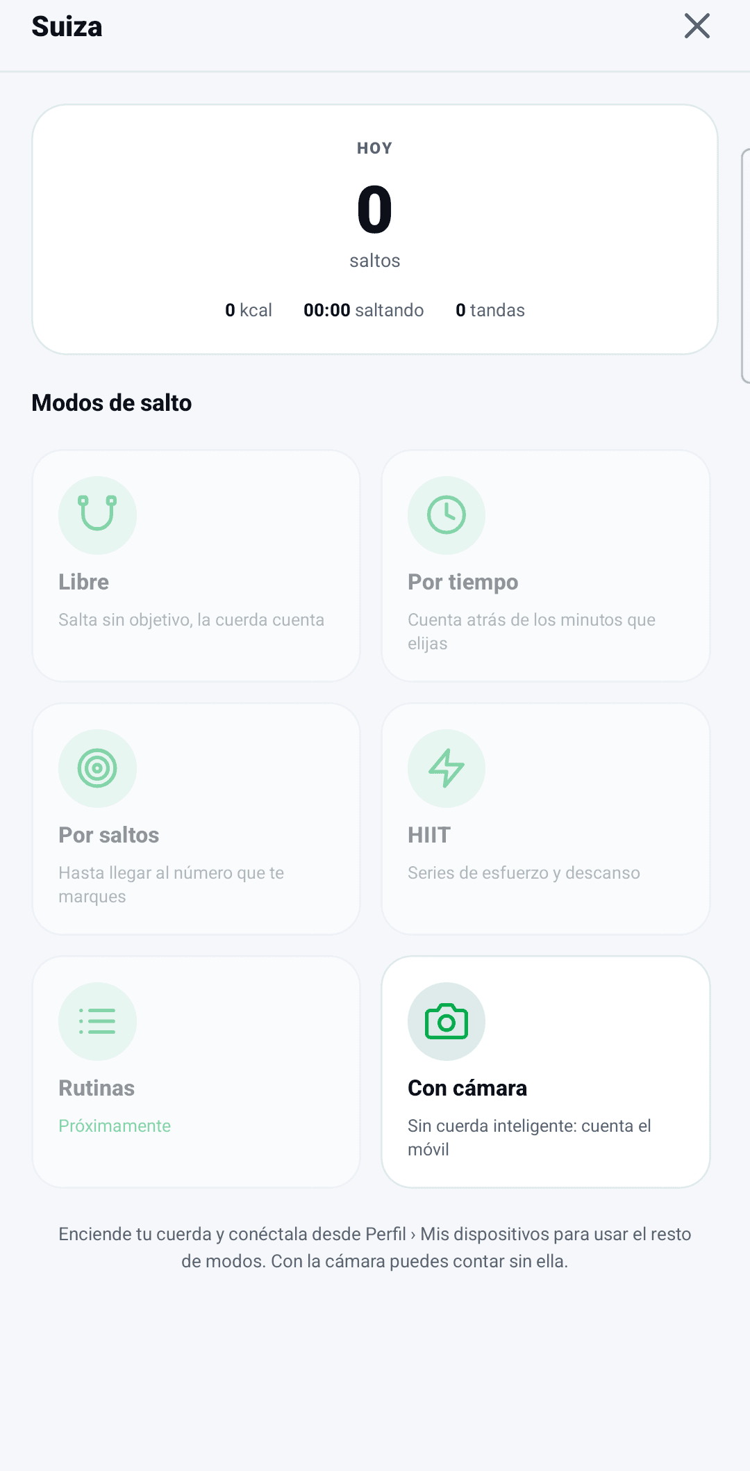 Modos de salto: libre, por tiempo, por saltos, HIIT y con cámara