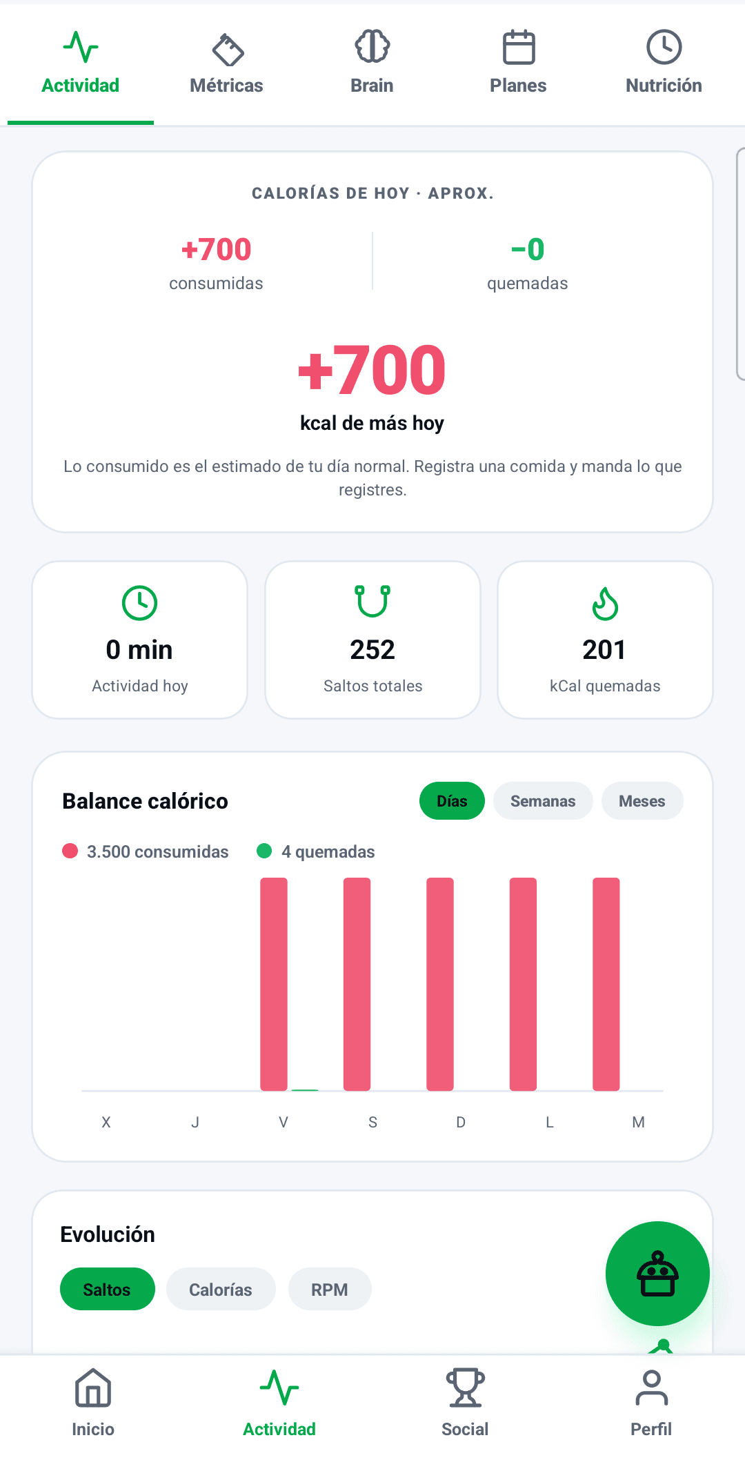 Actividad: balance calórico, totales del día y gráfica semanal